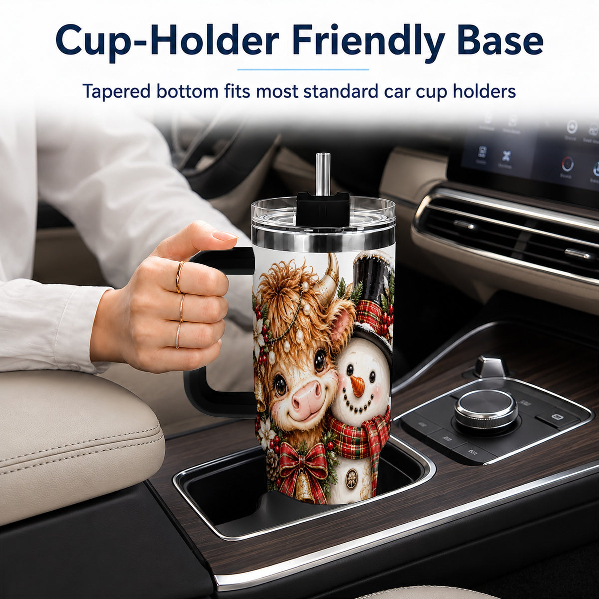 #pl[40oz|Black] Christmas Cow 40oz Tumbler with Handle, Bell Snowman Steel Travel Cup