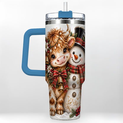 #pl[40oz|Blue] Christmas Cow 40oz Tumbler with Handle, Bell Snowman Steel Travel Cup