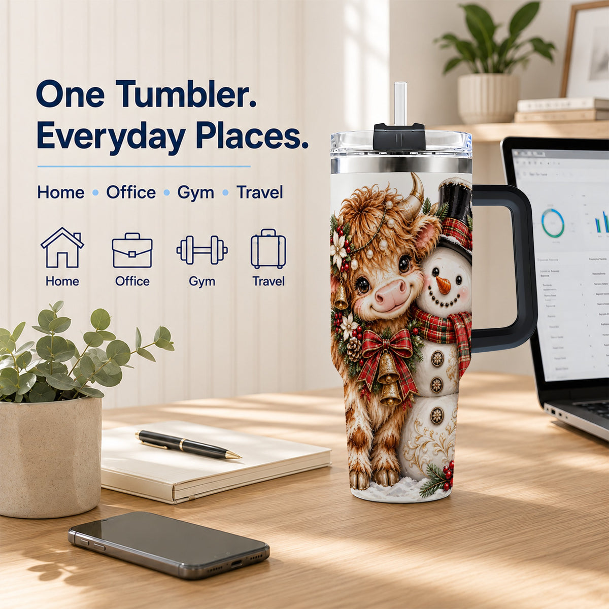 #pl[40oz|Black] Christmas Cow 40oz Tumbler with Handle, Bell Snowman Steel Travel Cup