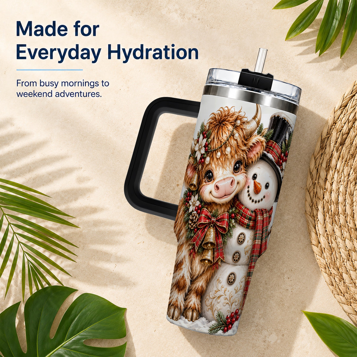 #pl[40oz|Black] Christmas Cow 40oz Tumbler with Handle, Bell Snowman Steel Travel Cup