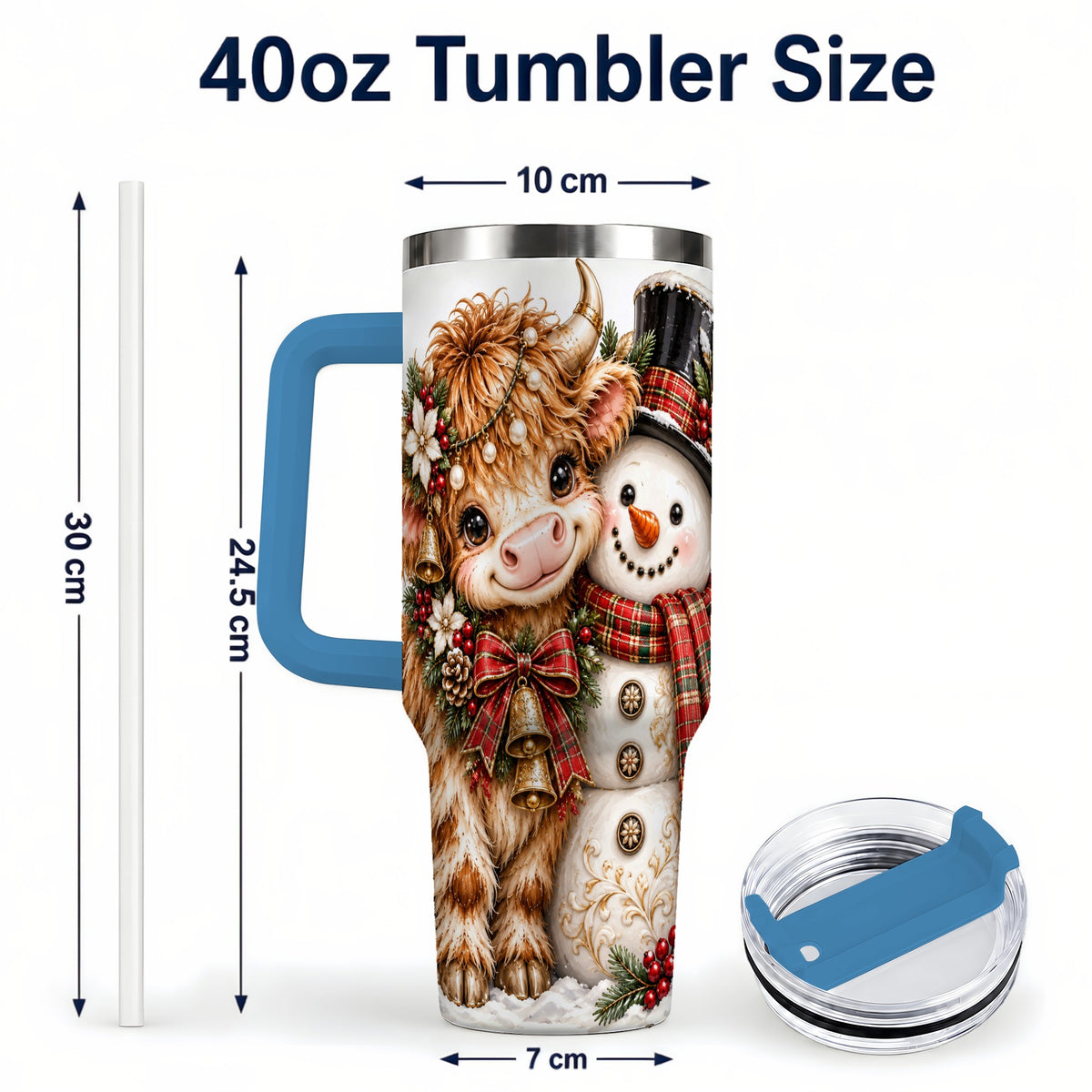 #pl[40oz|Blue] Christmas Cow 40oz Tumbler with Handle, Bell Snowman Steel Travel Cup