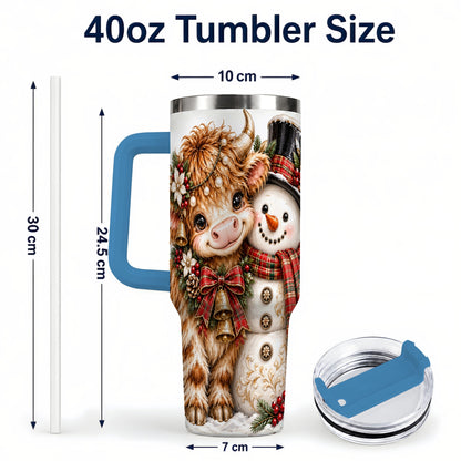 #pl[40oz|Blue] Christmas Cow 40oz Tumbler with Handle, Bell Snowman Steel Travel Cup