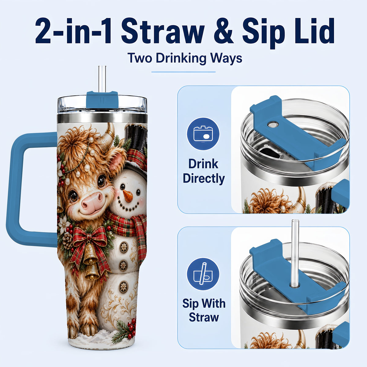 #pl[40oz|Blue] Christmas Cow 40oz Tumbler with Handle, Bell Snowman Steel Travel Cup