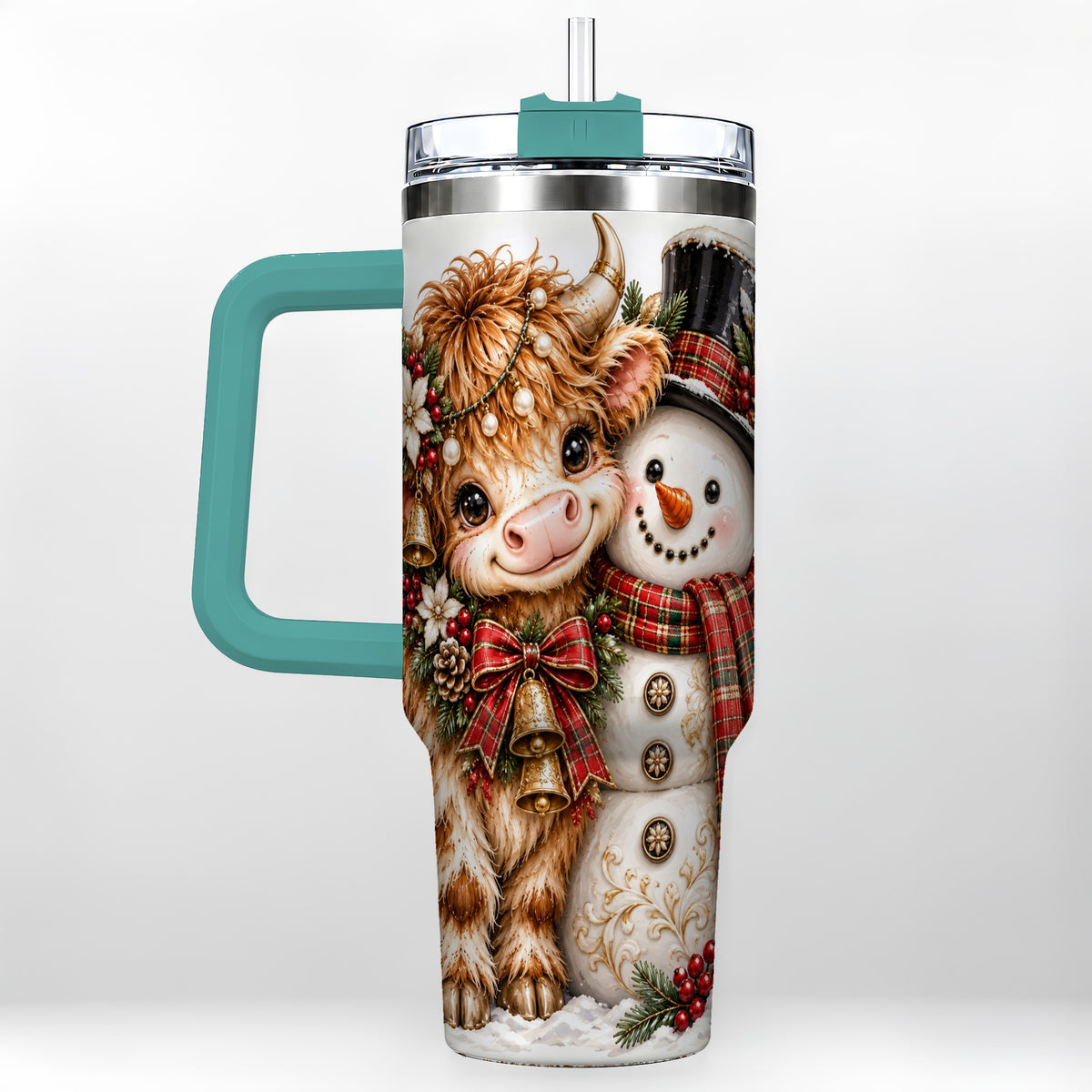 #pl[40oz|Green] Christmas Cow 40oz Tumbler with Handle, Bell Snowman Steel Travel Cup