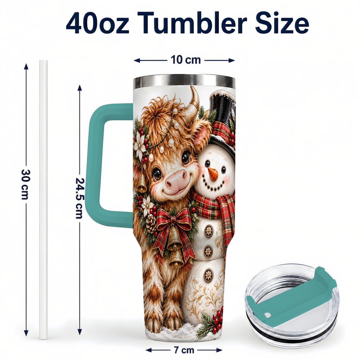 #pl[40oz|Green] Christmas Cow 40oz Tumbler with Handle, Bell Snowman Steel Travel Cup