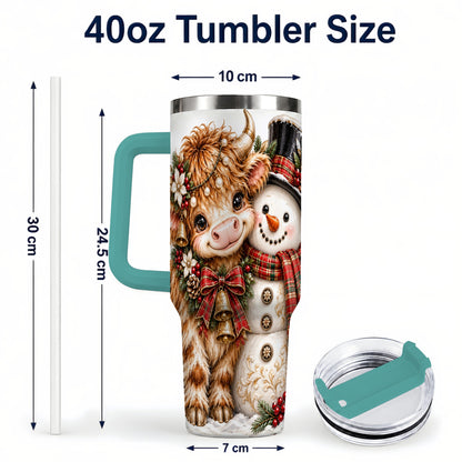 #pl[40oz|Green] Christmas Cow 40oz Tumbler with Handle, Bell Snowman Steel Travel Cup