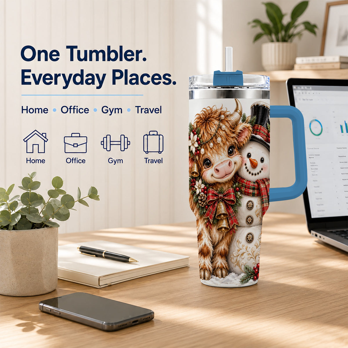 #pl[40oz|Blue] Christmas Cow 40oz Tumbler with Handle, Bell Snowman Steel Travel Cup
