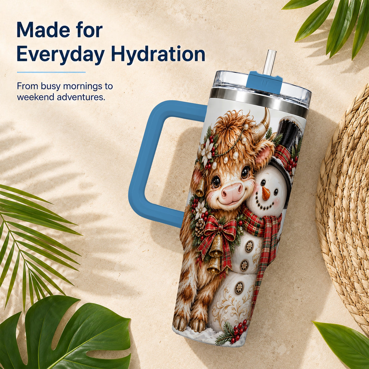 #pl[40oz|Blue] Christmas Cow 40oz Tumbler with Handle, Bell Snowman Steel Travel Cup