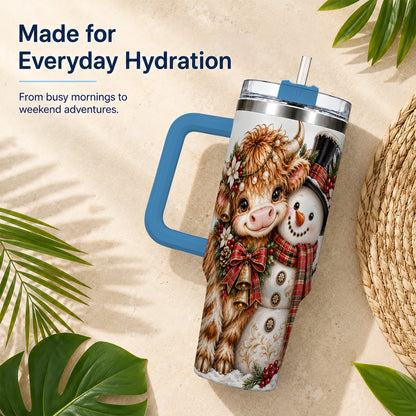 #pl[40oz|Blue] Christmas Cow 40oz Tumbler with Handle, Bell Snowman Steel Travel Cup