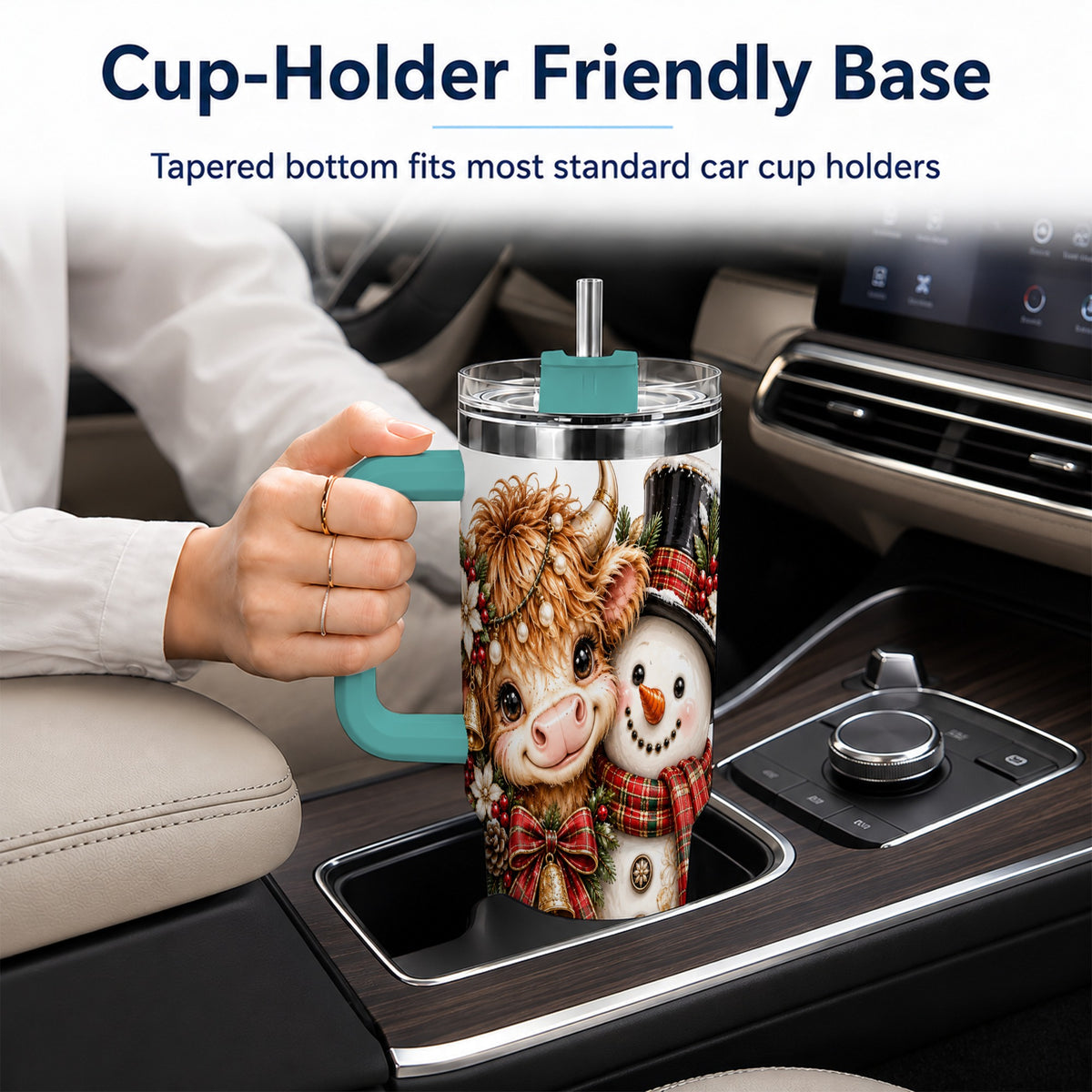#pl[40oz|Green] Christmas Cow 40oz Tumbler with Handle, Bell Snowman Steel Travel Cup