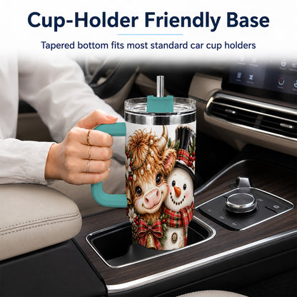 #pl[40oz|Green] Christmas Cow 40oz Tumbler with Handle, Bell Snowman Steel Travel Cup