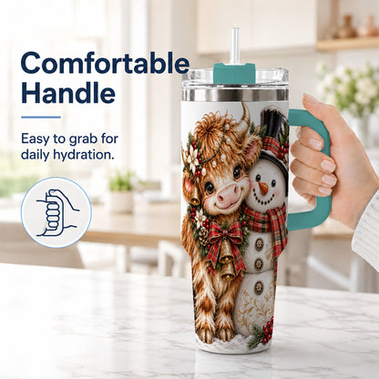 #pl[40oz|Green] Christmas Cow 40oz Tumbler with Handle, Bell Snowman Steel Travel Cup