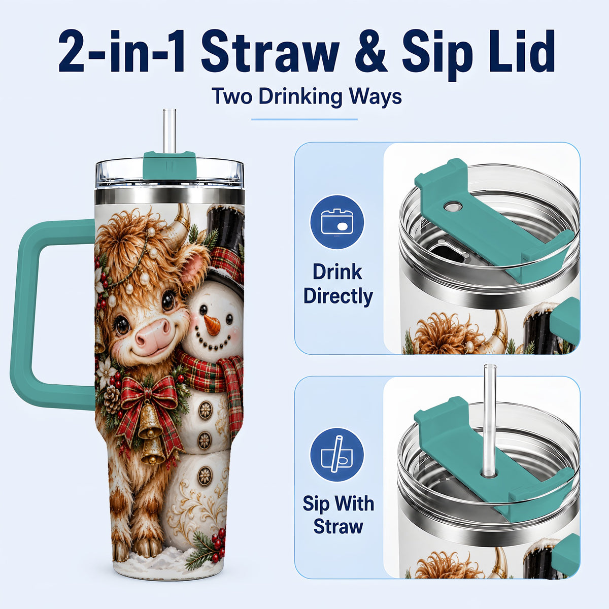 #pl[40oz|Green] Christmas Cow 40oz Tumbler with Handle, Bell Snowman Steel Travel Cup