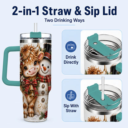 #pl[40oz|Green] Christmas Cow 40oz Tumbler with Handle, Bell Snowman Steel Travel Cup