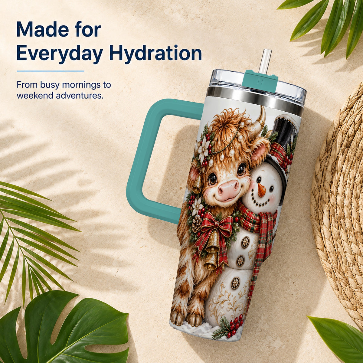 #pl[40oz|Green] Christmas Cow 40oz Tumbler with Handle, Bell Snowman Steel Travel Cup