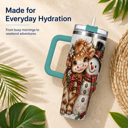 #pl[40oz|Green] Christmas Cow 40oz Tumbler with Handle, Bell Snowman Steel Travel Cup