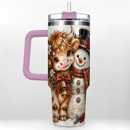 #pl[40oz|Pink] Christmas Cow 40oz Tumbler with Handle, Bell Snowman Steel Travel Cup