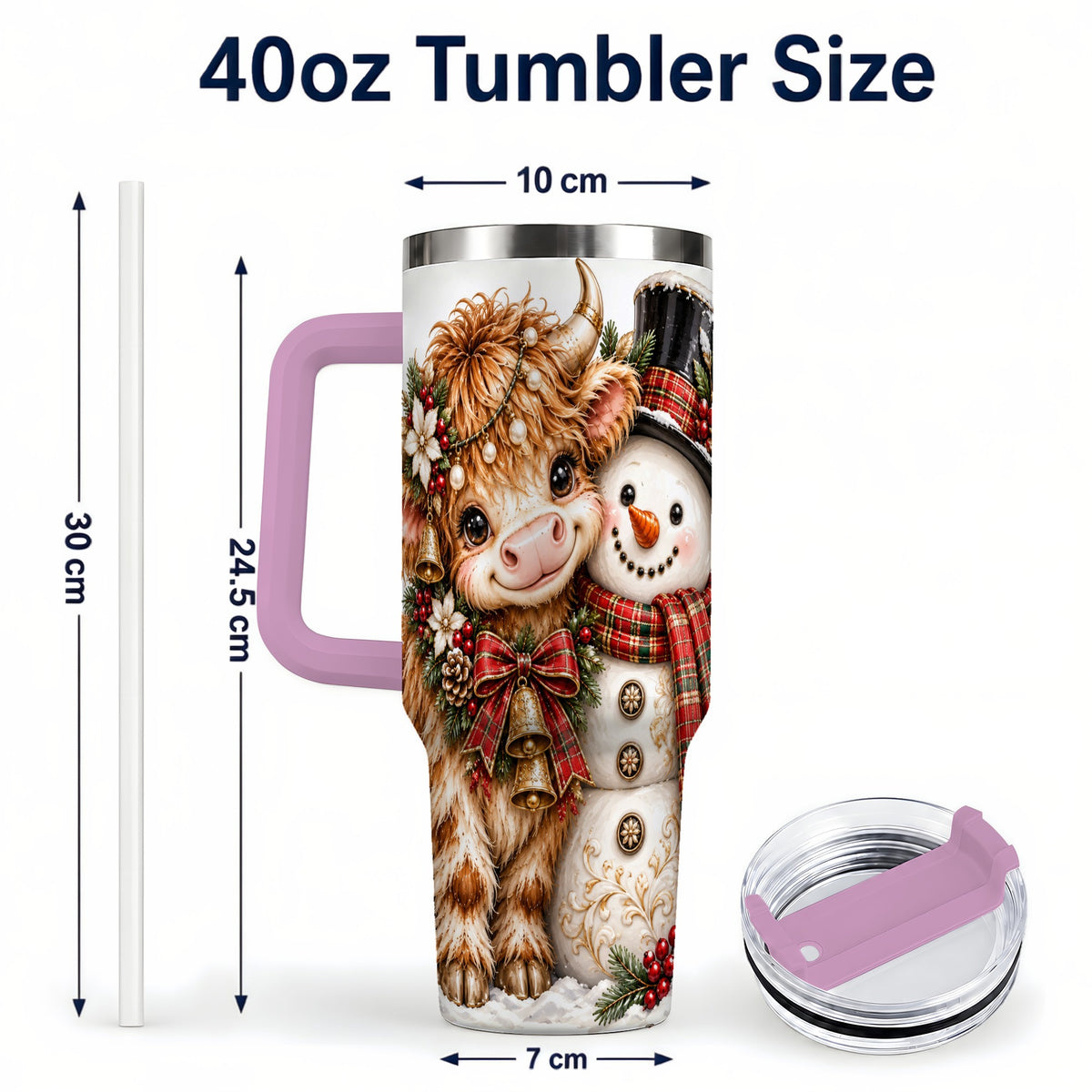 #pl[40oz|Pink] Christmas Cow 40oz Tumbler with Handle, Bell Snowman Steel Travel Cup