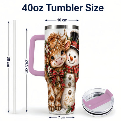 #pl[40oz|Pink] Christmas Cow 40oz Tumbler with Handle, Bell Snowman Steel Travel Cup