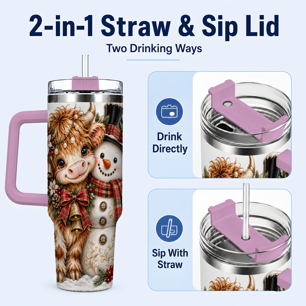 #pl[40oz|Pink] Christmas Cow 40oz Tumbler with Handle, Bell Snowman Steel Travel Cup