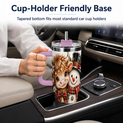 #pl[40oz|Pink] Christmas Cow 40oz Tumbler with Handle, Bell Snowman Steel Travel Cup