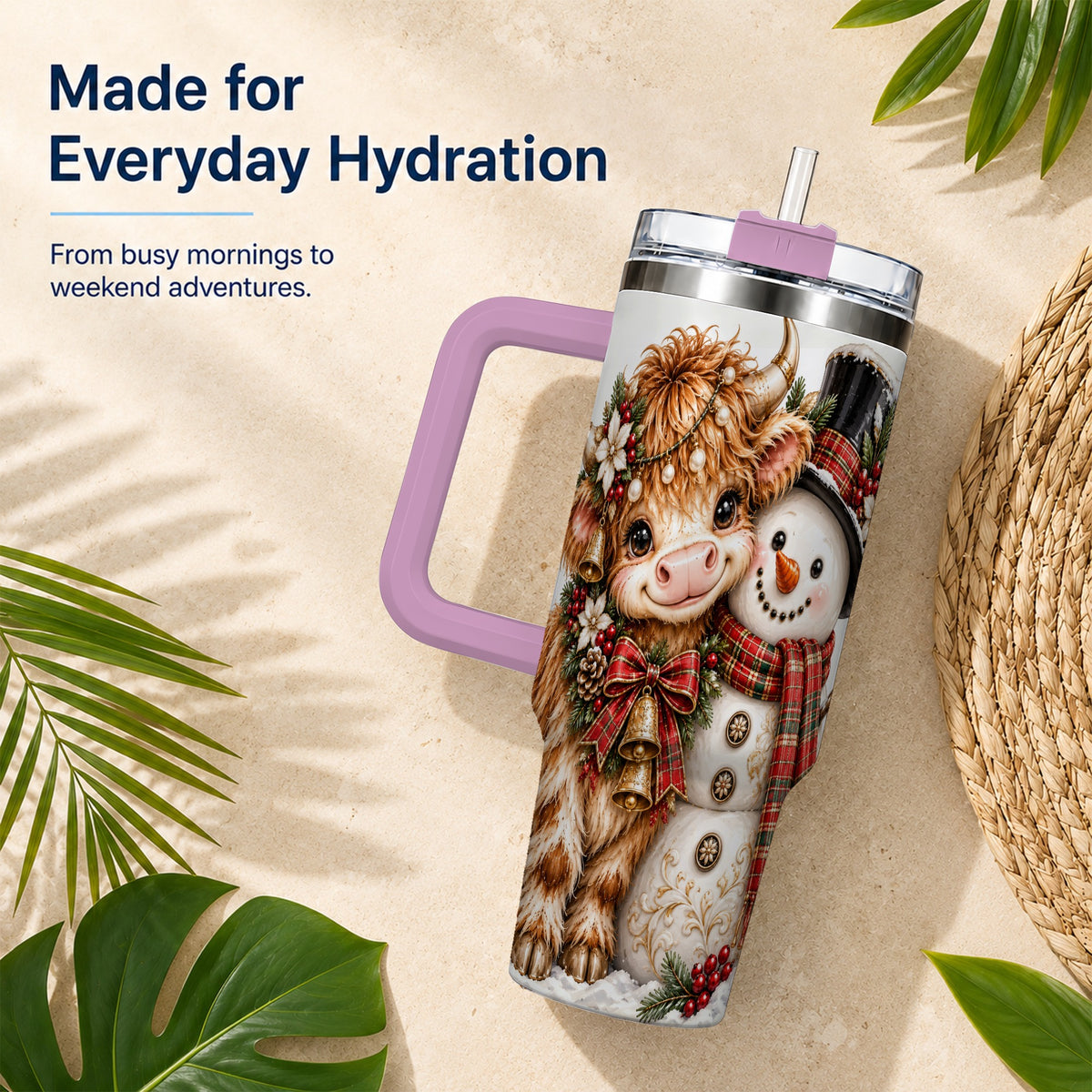 #pl[40oz|Pink] Christmas Cow 40oz Tumbler with Handle, Bell Snowman Steel Travel Cup