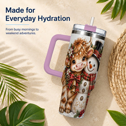 #pl[40oz|Pink] Christmas Cow 40oz Tumbler with Handle, Bell Snowman Steel Travel Cup