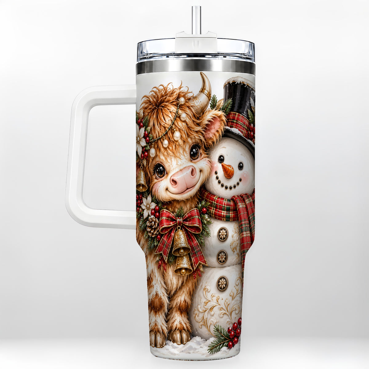 Christmas Cow 40oz Tumbler with Handle, Bell Snowman Steel Travel Cup