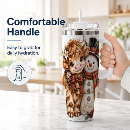 #pl[40oz|White] Christmas Cow 40oz Tumbler with Handle, Bell Snowman Steel Travel Cup