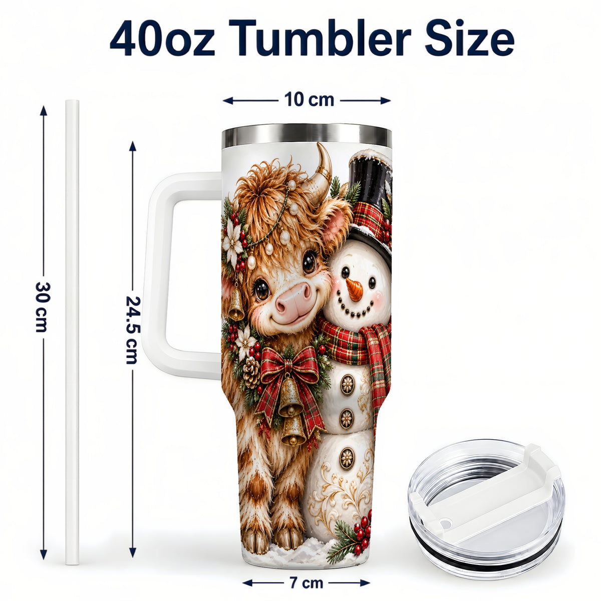 #pl[40oz|White] Christmas Cow 40oz Tumbler with Handle, Bell Snowman Steel Travel Cup