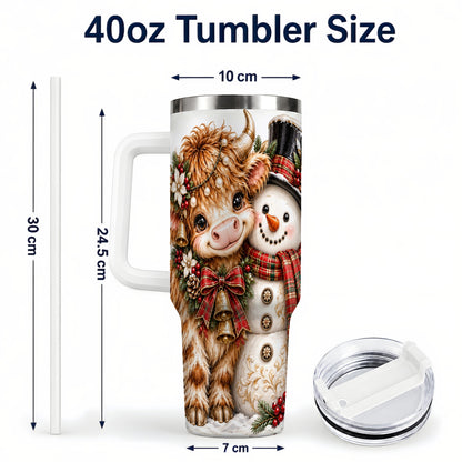 #pl[40oz|White] Christmas Cow 40oz Tumbler with Handle, Bell Snowman Steel Travel Cup