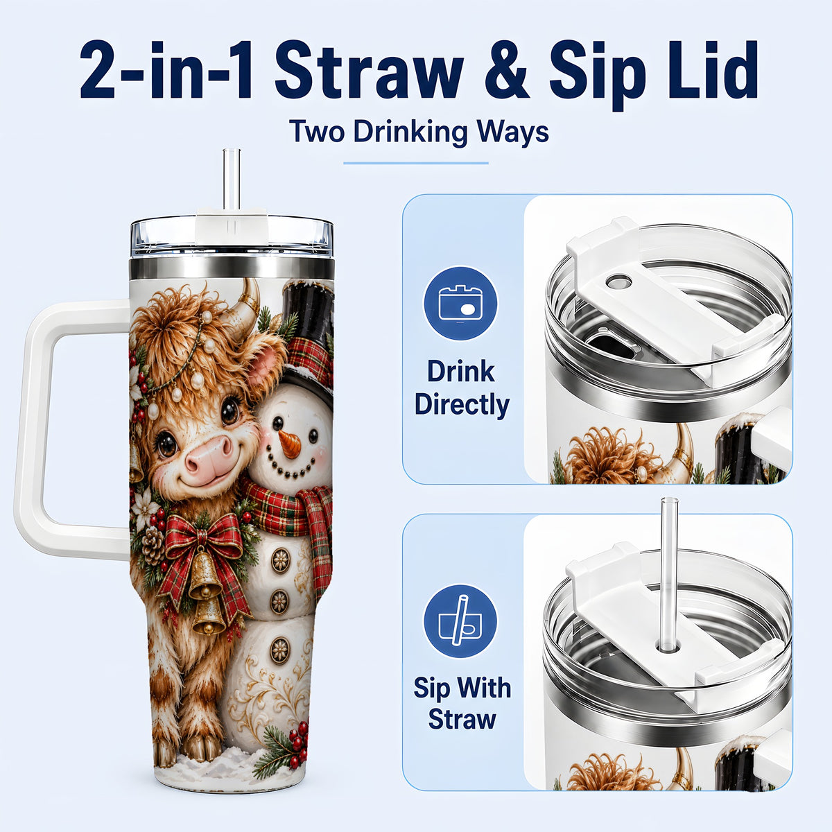 #pl[40oz|White] Christmas Cow 40oz Tumbler with Handle, Bell Snowman Steel Travel Cup