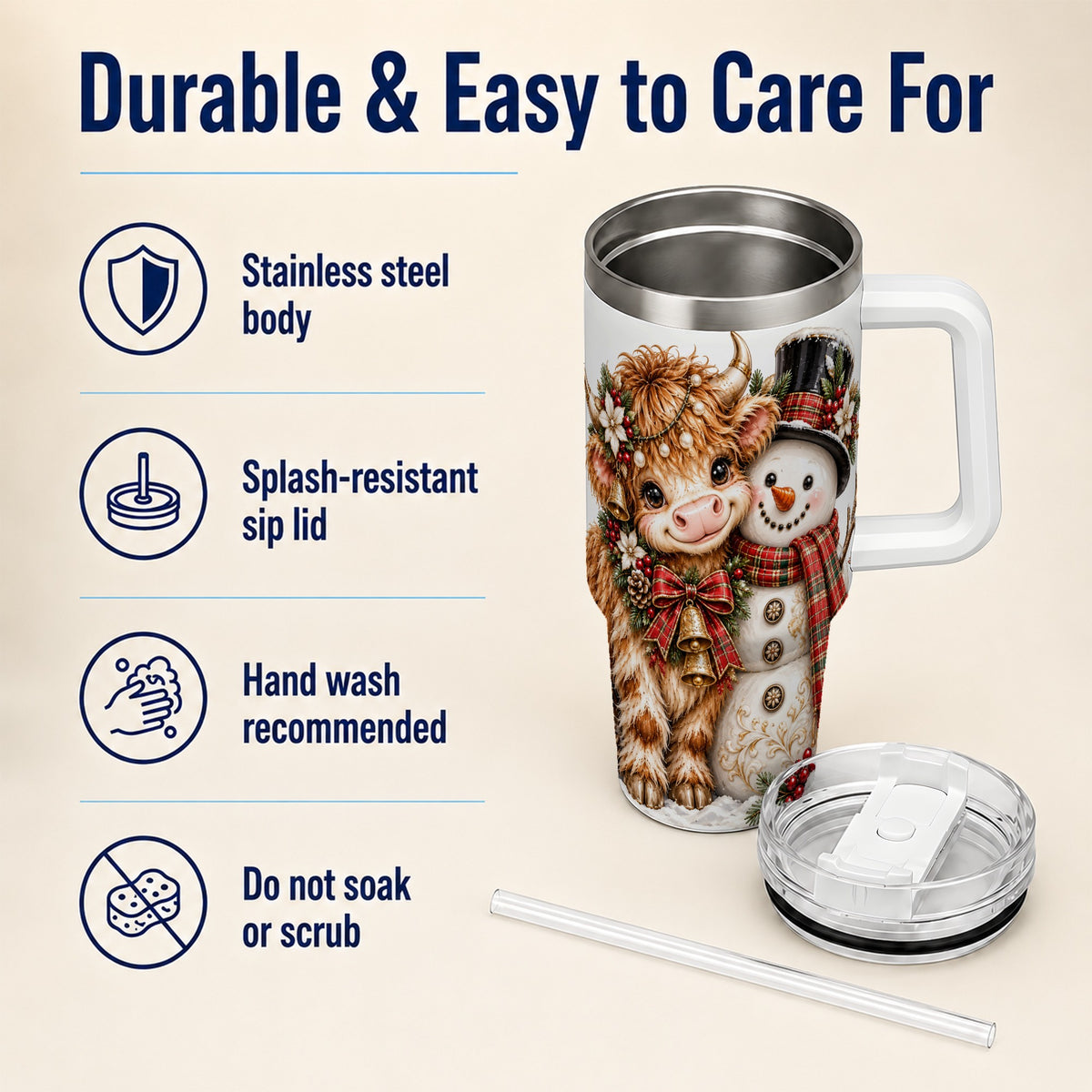 #pl[40oz|White] Christmas Cow 40oz Tumbler with Handle, Bell Snowman Steel Travel Cup