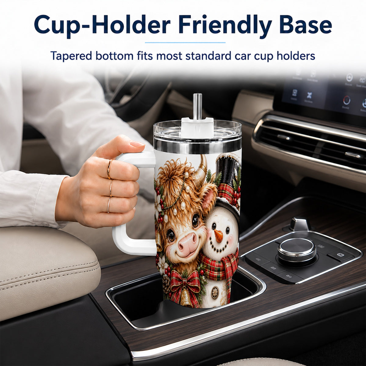 #pl[40oz|White] Christmas Cow 40oz Tumbler with Handle, Bell Snowman Steel Travel Cup