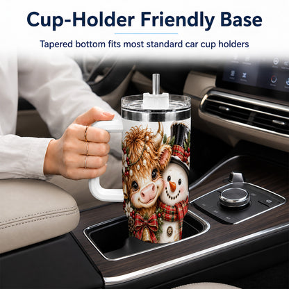 #pl[40oz|White] Christmas Cow 40oz Tumbler with Handle, Bell Snowman Steel Travel Cup