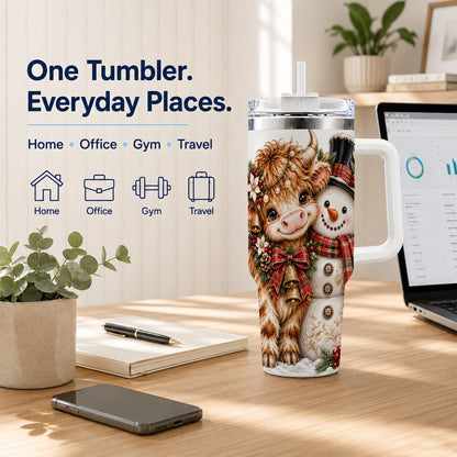 #pl[40oz|White] Christmas Cow 40oz Tumbler with Handle, Bell Snowman Steel Travel Cup