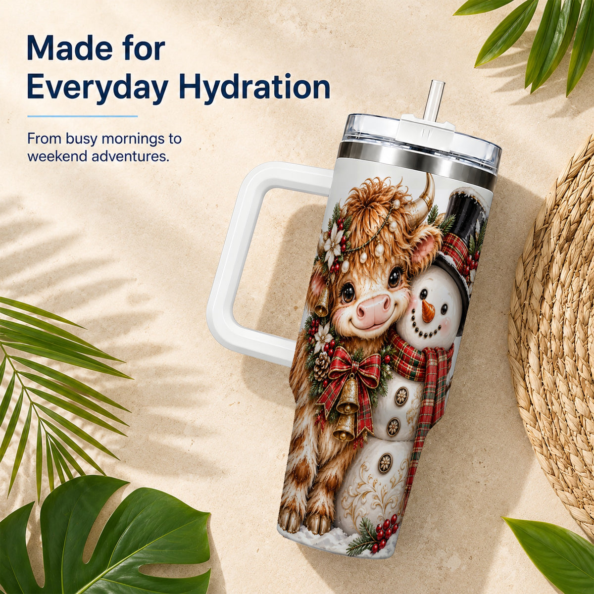 #pl[40oz|White] Christmas Cow 40oz Tumbler with Handle, Bell Snowman Steel Travel Cup