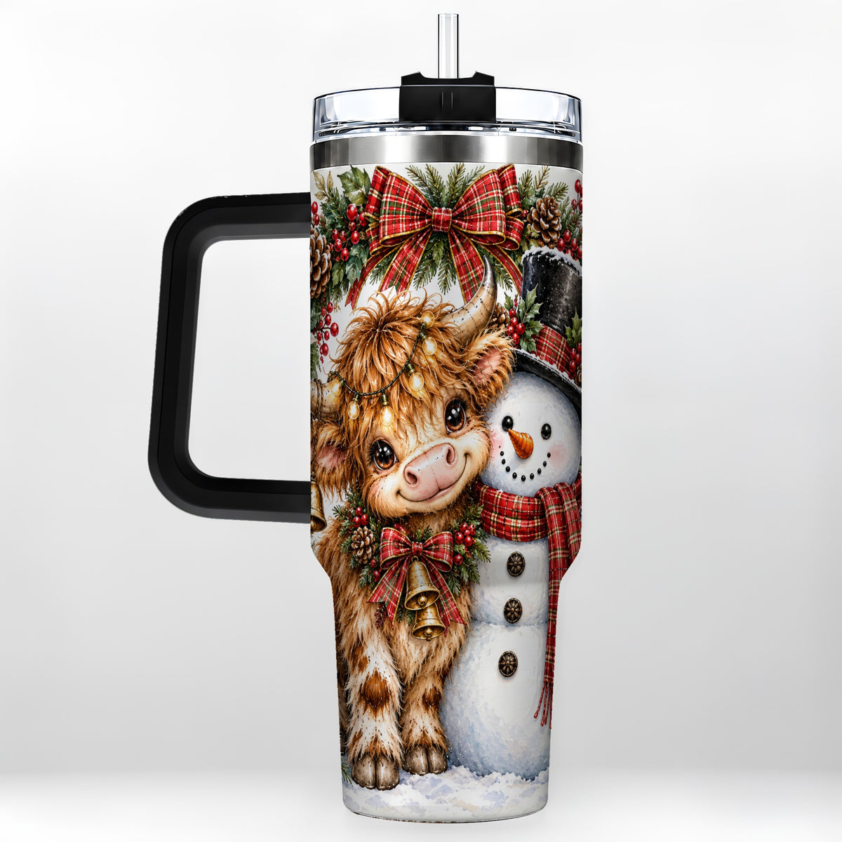 #pl[40oz|Black] Watercolor Cow 40oz Tumbler with Handle, Snowman Stainless Steel Travel Cup