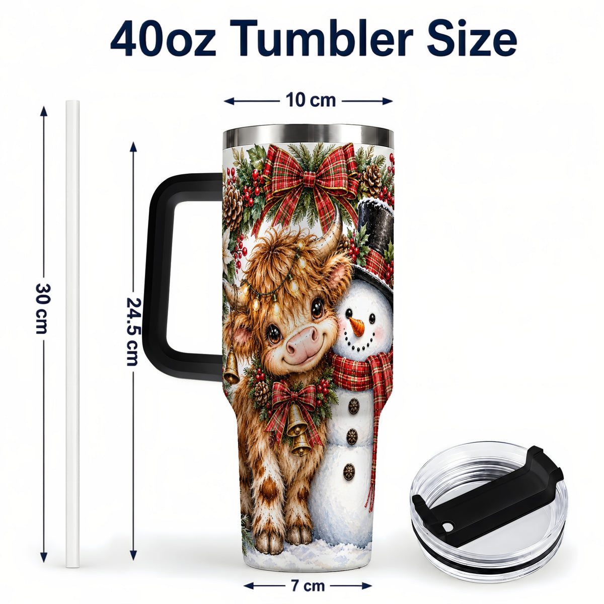 #pl[40oz|Black] Watercolor Cow 40oz Tumbler with Handle, Snowman Stainless Steel Travel Cup