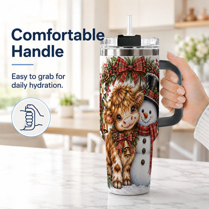 #pl[40oz|Black] Watercolor Cow 40oz Tumbler with Handle, Snowman Stainless Steel Travel Cup