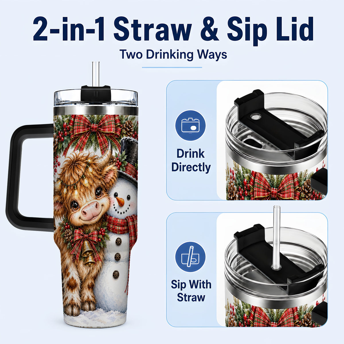 #pl[40oz|Black] Watercolor Cow 40oz Tumbler with Handle, Snowman Stainless Steel Travel Cup