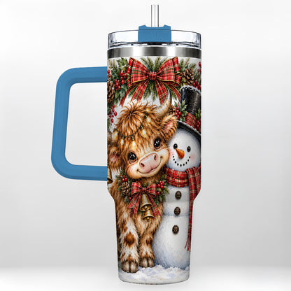 #pl[40oz|Blue] Watercolor Cow 40oz Tumbler with Handle, Snowman Stainless Steel Travel Cup