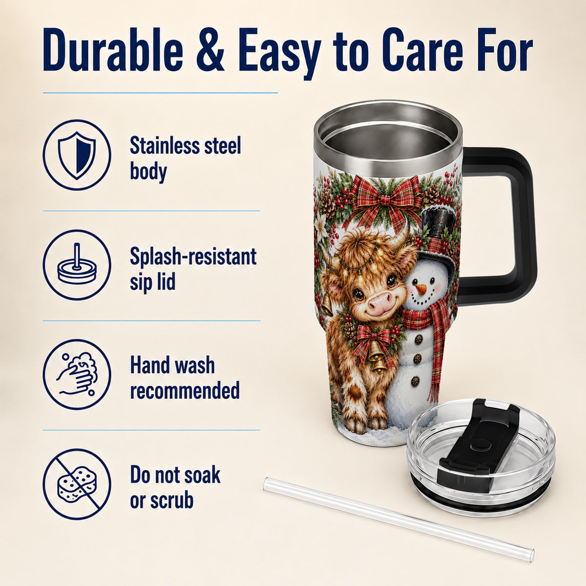 #pl[40oz|Black] Watercolor Cow 40oz Tumbler with Handle, Snowman Stainless Steel Travel Cup