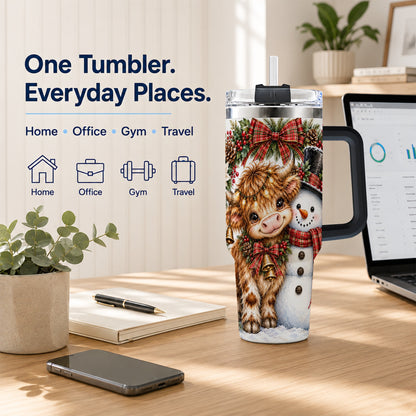 #pl[40oz|Black] Watercolor Cow 40oz Tumbler with Handle, Snowman Stainless Steel Travel Cup