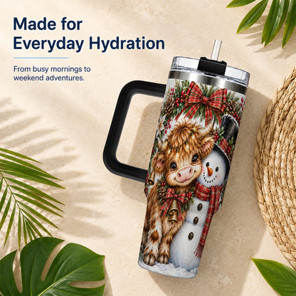 #pl[40oz|Black] Watercolor Cow 40oz Tumbler with Handle, Snowman Stainless Steel Travel Cup