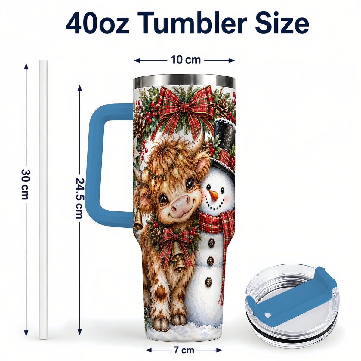 #pl[40oz|Blue] Watercolor Cow 40oz Tumbler with Handle, Snowman Stainless Steel Travel Cup
