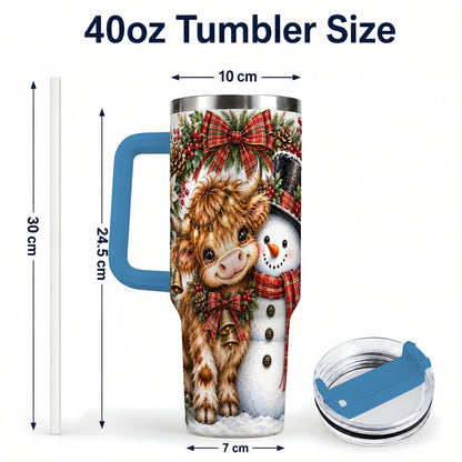 #pl[40oz|Blue] Watercolor Cow 40oz Tumbler with Handle, Snowman Stainless Steel Travel Cup