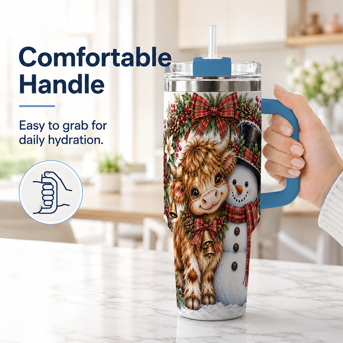 #pl[40oz|Blue] Watercolor Cow 40oz Tumbler with Handle, Snowman Stainless Steel Travel Cup