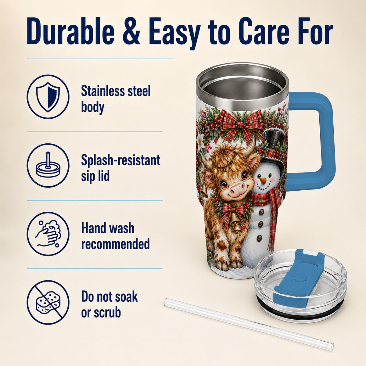 #pl[40oz|Blue] Watercolor Cow 40oz Tumbler with Handle, Snowman Stainless Steel Travel Cup