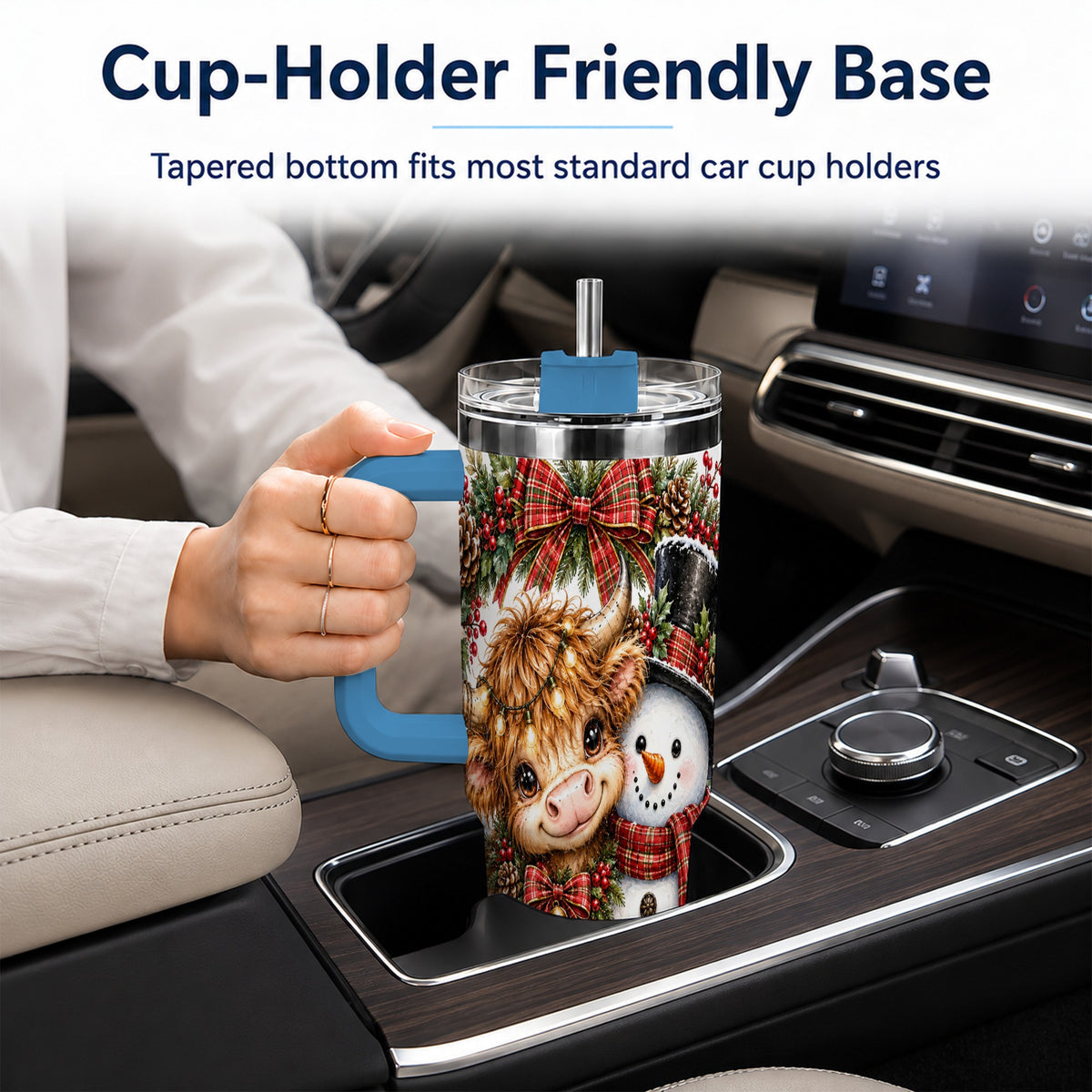 #pl[40oz|Blue] Watercolor Cow 40oz Tumbler with Handle, Snowman Stainless Steel Travel Cup
